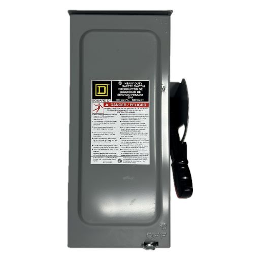 Grey metal box with black on/off handle disconnect switch. Manufacturer logo and label written in English.