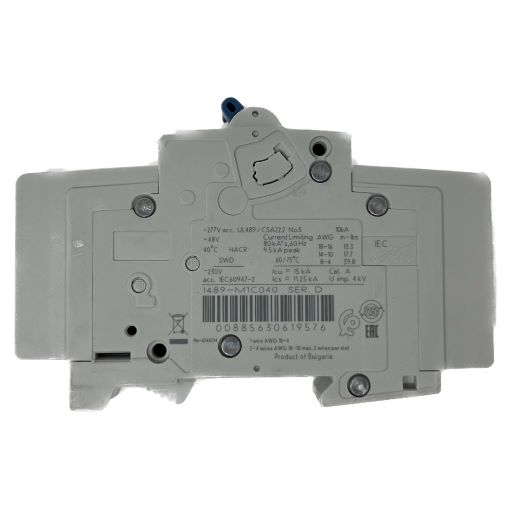Side view of the circuit breaker, specifications label in English.