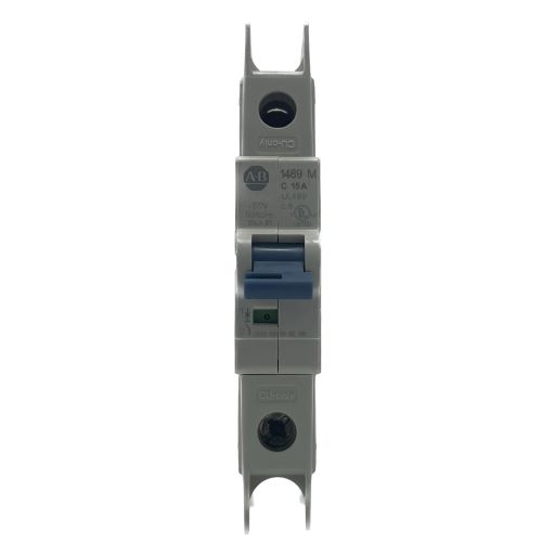 1489-M1C150 White, plastic, miniature circuit breaker, part number and information label in English.