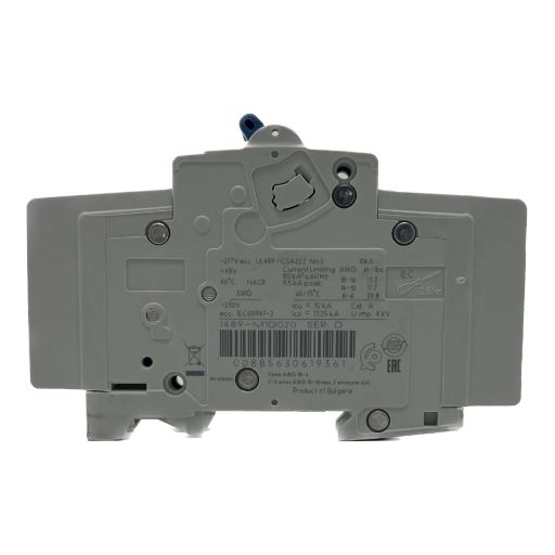 Side view of the circuit breaker, specifications label in English.