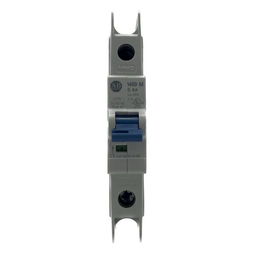 1489-M1D050 White, plastic, miniature circuit breaker, part number and information label in English.
