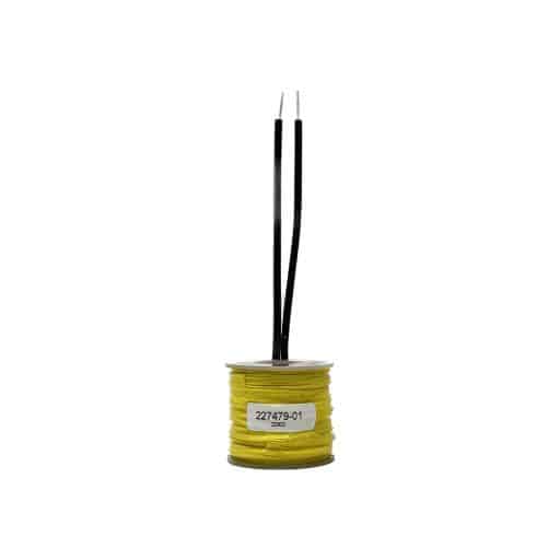 Yellow tape wrapped around wire coil, clear plastic caps on top and bottom, two black wire leads, label on front with part number 227479-01.