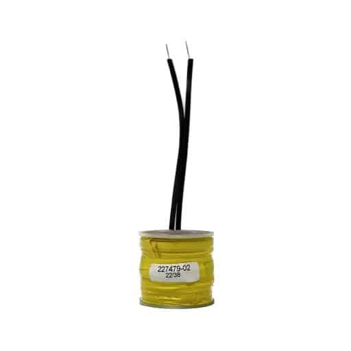 Yellow tape wrapped around wire coil, clear plastic caps on top and bottom, two black wire leads, label on front with part number 227479-02.