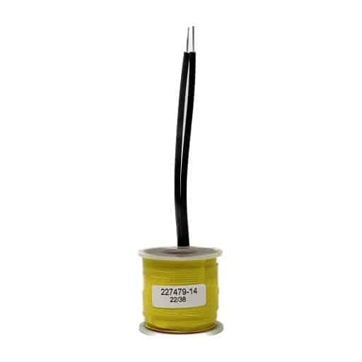 Yellow tape wrapped around wire coil, clear plastic caps on top and bottom, two black wire leads, label on front with part number 227479-14.