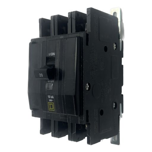 black QOU320 circuit breaker, white label indicating "on" and amperage in English.