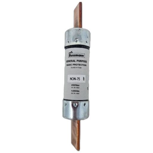 Non-75 amp Bussmann fuse with manufacturers label in English