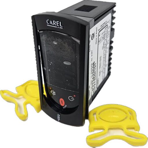 Front view of temp control unit 21-23991 with 2 yellow installation clips and faceplate