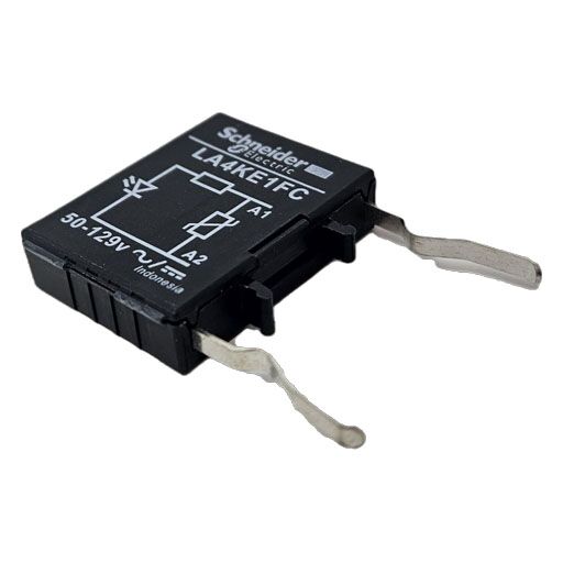 Side view of LA4KE1FC surge suppressor showing connection tabs and manufacturer information on side