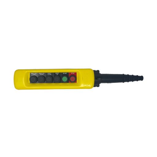 Front view of Part Number XACA0632891415-A, 6 button, yellow pendant control station, with 4 black pushbuttons, 1 green and 1 red