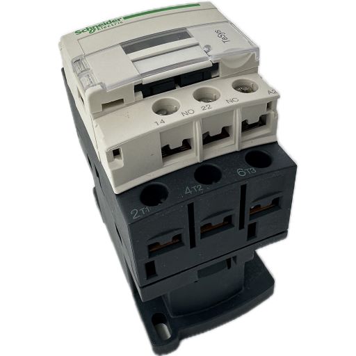 LC1D12F7 contactor, top & side view with manufacturers specifications in English