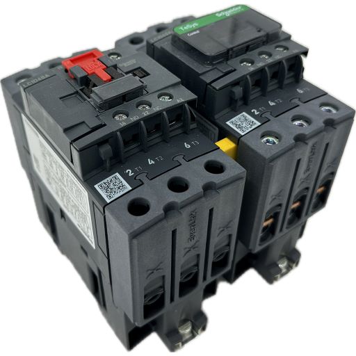 Side view of reversing contactor, with manufacturer logo and part specifications in English