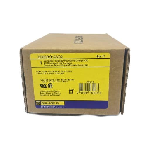 8965RO10V02 reversing contactor box with yellow manufacturers label containing specifications written in English