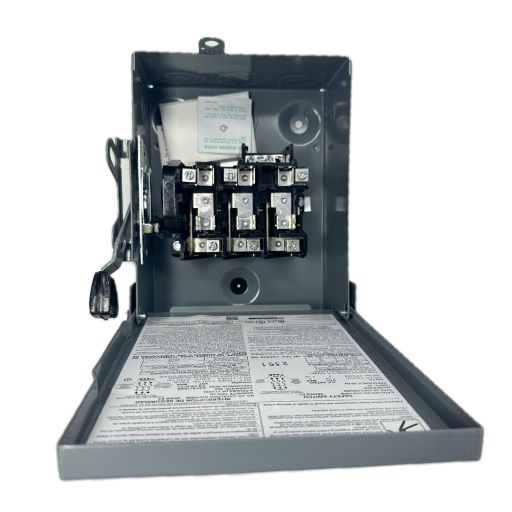 Inside disconnect switch with manufacturer label written in English.