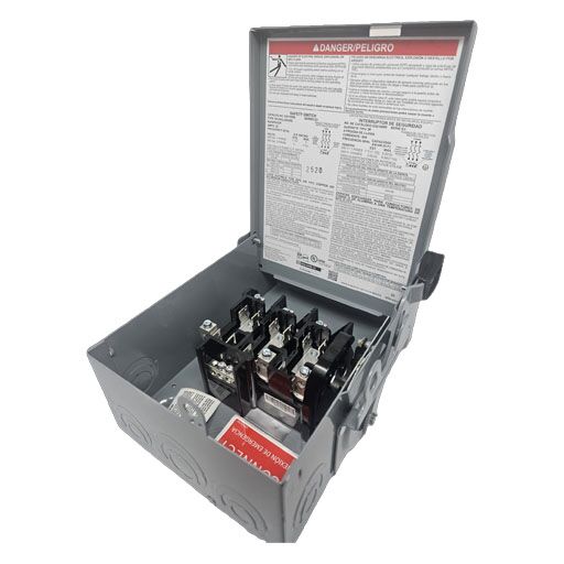 Inside of part number D321NRB disconnect switch with manufacturer label and part specifications in English.