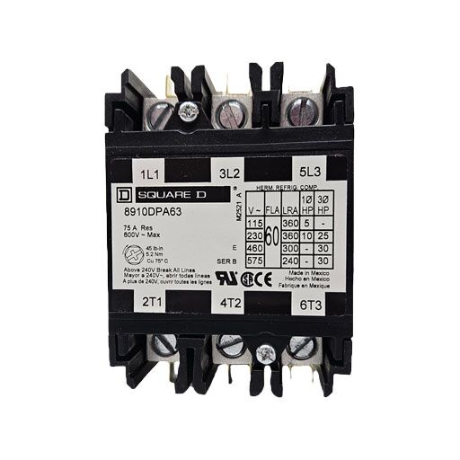 front view of contactor 8910DPA63V14 showing connectors and white label with manufacturers information in English