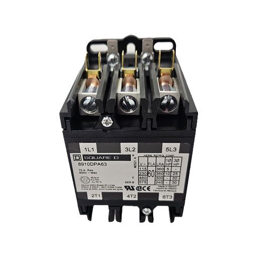 top view of contactor 8910DPA63V14 showing connectors and white label with manufacturers information in English