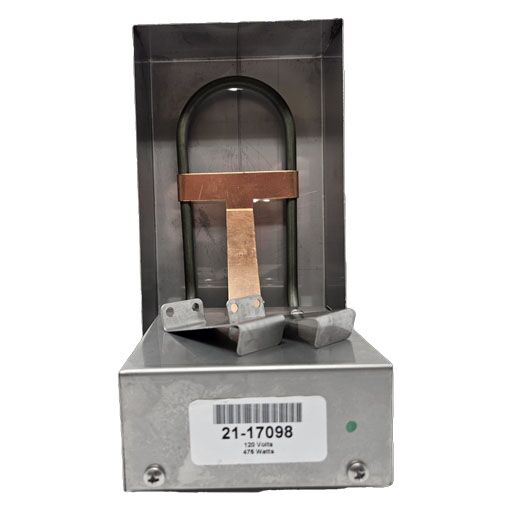 21-17098 Evaporator Drain Pan Assembly, front view showing manufacturers label showing item number mounting brackets and heating element