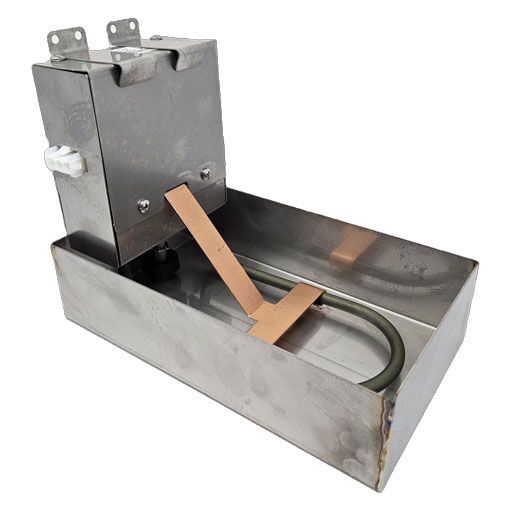 21-17098 Evaporator Drain Pan Assembly, side view showing mounting brackets heating element and electrical connection