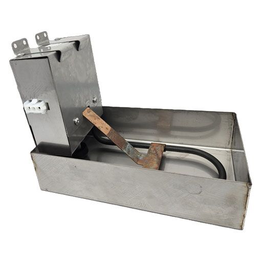 21-17102 Evaporator Drain Pan Assembly, side view showing mounting brackets heating element and electrical connection