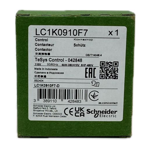LC1K0910F7 contactor box with white manufacturers label specifications written in English