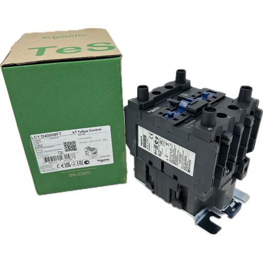 LC1D40008F7 contactor, side view next to box with manufacturers specifications in English