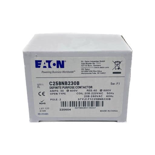 C25BNB230B contactor box with white label containing specifications written in English