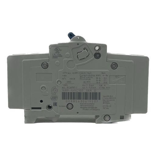 Side view of the circuit breaker, specifications label in English.