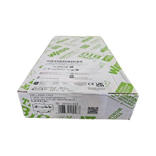Wago part #2002-1302, full closed box with manufacturers specifications label printed in English