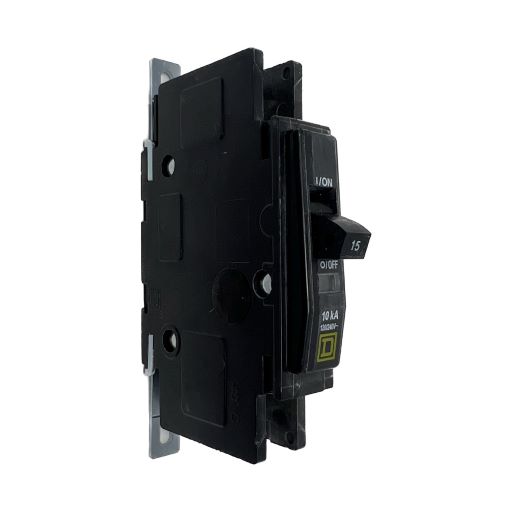 black QOU115 circuit breaker, white label indicating "on" and amperage in English.