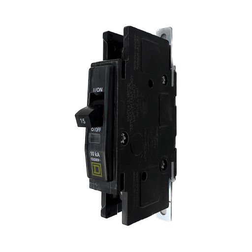 black QOU115 circuit breaker, white label indicating "on" and amperage in English.