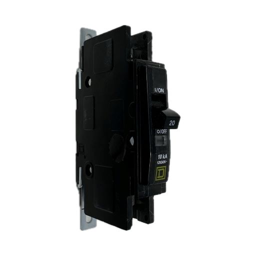black QOU120 circuit breaker, white label indicating "on" and amperage in English.