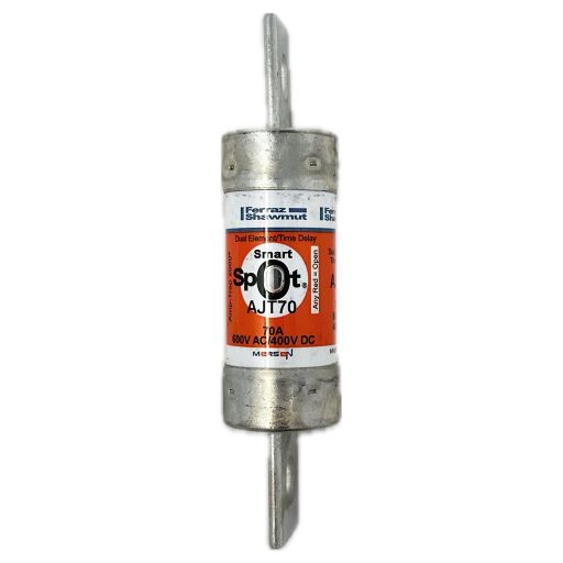 AJT70 amp fuse, front view with manufacturers label in English