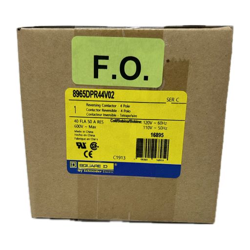 8965DPR44V02 reversing contactor box with manufacturers yellow label with specifications printed in English