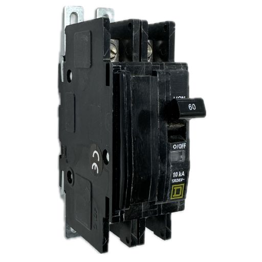 black QOU260 circuit breaker, white label indicating "on" and amperage in English.