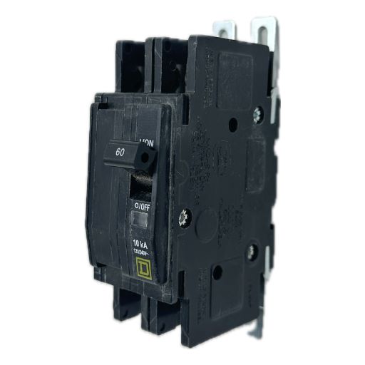 black QOU260 circuit breaker, white label indicating "on" and amperage in English.