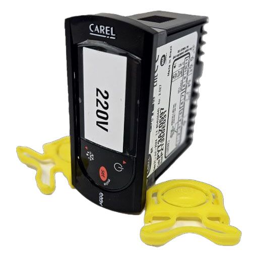 Front view of temp control unit 21-23992 including identification label on front with 2 yellow installation clips and faceplate