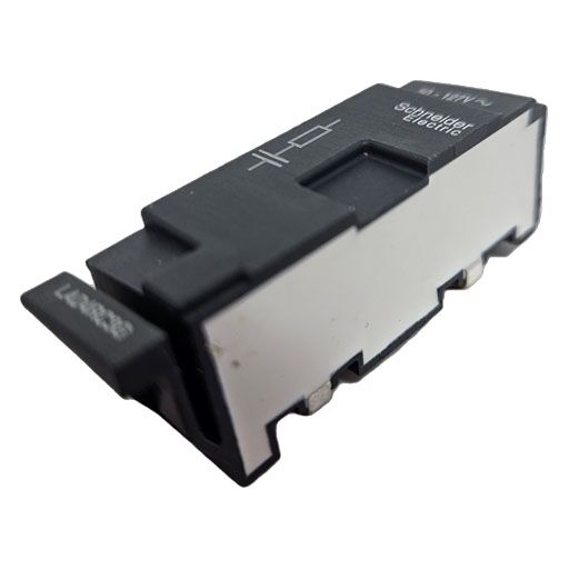Side view of LAD4RC3G surge suppressor showing printing from manufacturer and mounting plate
