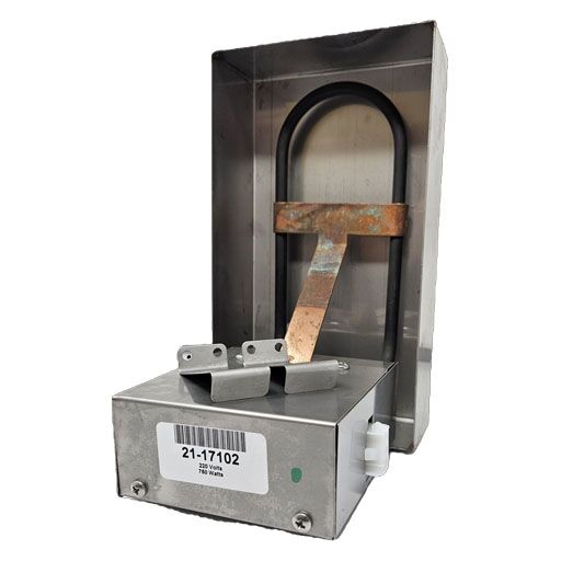 21-17102 Evaporator Drain Pan Assembly, front view showing manufacturers label showing item number mounting brackets and heating element