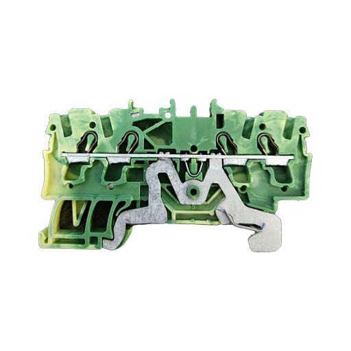 Wago ground terminal block part #2002-1407, green yellow plastic part, back view