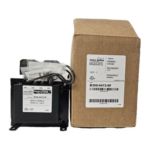 Micron Transformer B300-0471-8F front view with carton showing manufacturers label in English